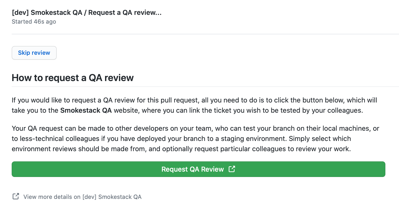 GitHub check run report for requesting a Smokestack review